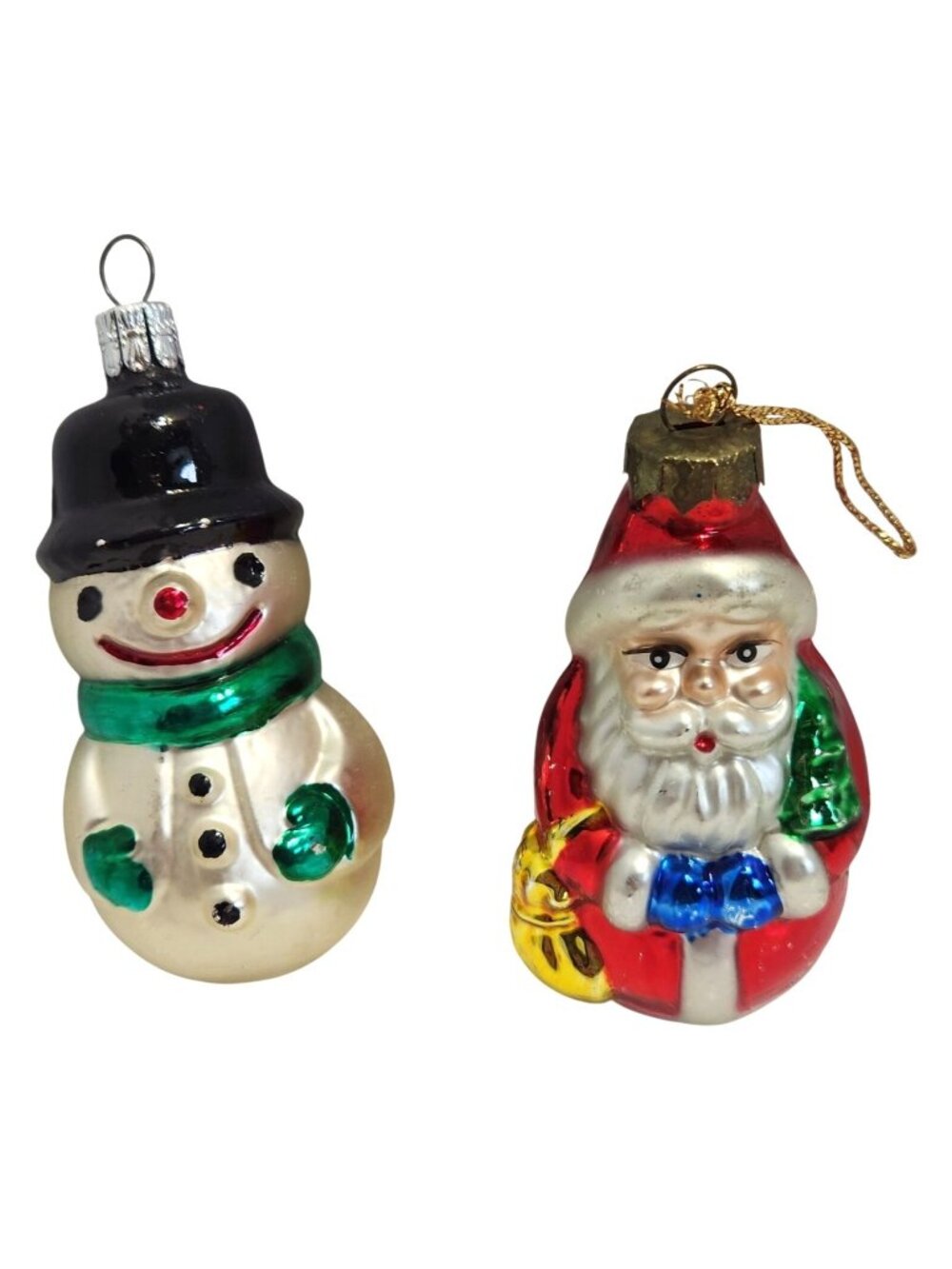 Glass Snowman and Santa Metallic Christmas Ornaments Vintage Set of Two READ